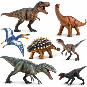 Coffret de figurines Oenux dinosaures comprenant un Ptérodactyle et un Saichania en PVC.