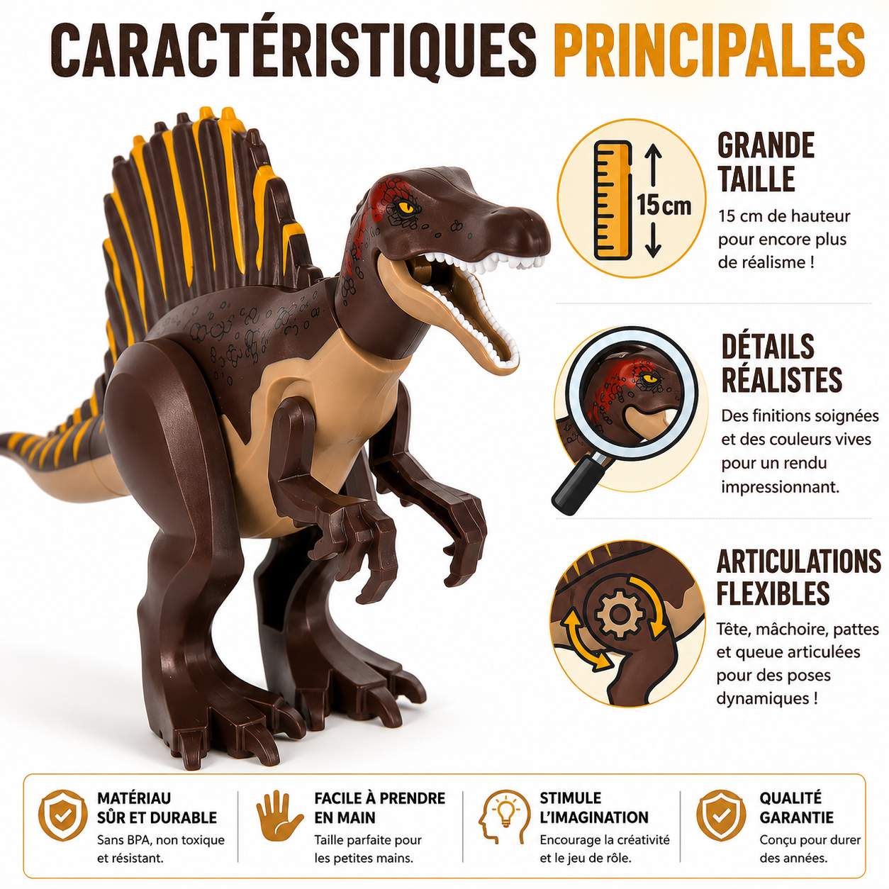 Démonstration de la mobilité des pattes de la figurine dinosaure Spinosaurus géant.