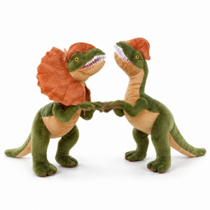 Peluche dinosaure Dilophosaurus verte et jaune avec double crête de Jurassic Park