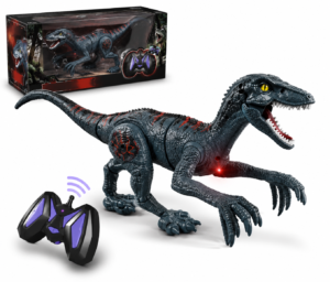 Dinosaure télécommandé 2,4 GHz Velociraptor bleu marchant sur le sol de la maison.