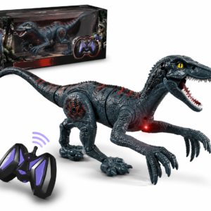 Dinosaure télécommandé 2,4 GHz Velociraptor bleu marchant sur le sol de la maison.
