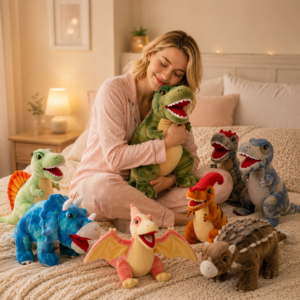 Peluche dinosaure Cartoon Series utilisée par une fille comme doudou câlin
