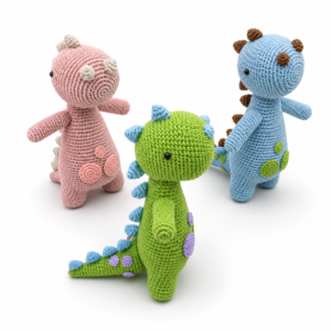 Doudou dino crochet kawaii de couleur verte posé dans un lit de bébé.