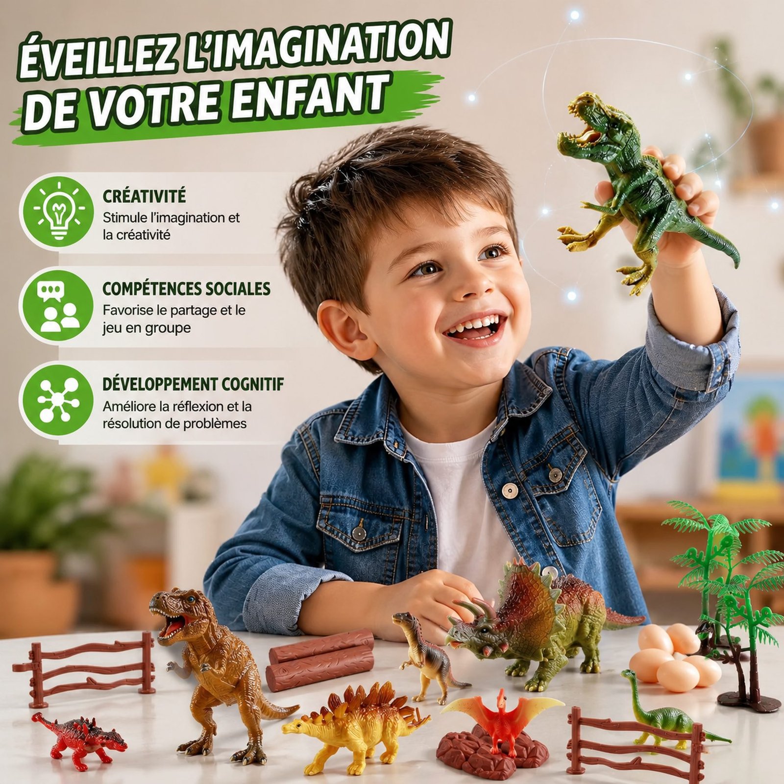 Enfant heureux jouets dans la boîte T-Rex du coffret figurine dinosaure 46 pièces.