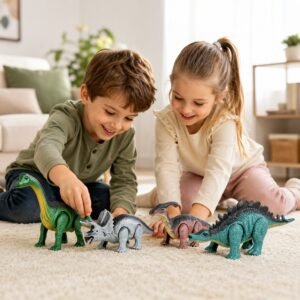 Enfant jouant avec des figurines de dinosaures réalistes mécaniques
