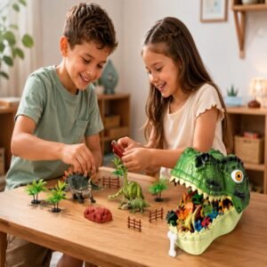 Enfant jouant avec coffret figurine dinosaure 46 pièces.
