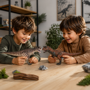 Enfants jouant avec sa figurine Carnotaurus sur une table des dinosaures.