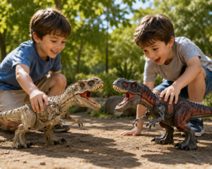 Enfant jouant avec sa figurine dinosaure géante interactive dans un parc.