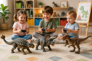 Enfant jouant avec un dinosaure télécommandé réaliste qui marche et rugit dans une salle de jeux