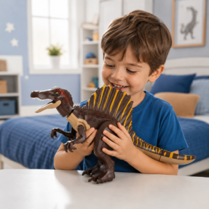 Enfant jouant avec une grande figurine articulée de Spinosaure.