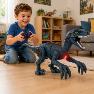 Enfant jouant joyeusement dans son salon avec son dinosaure télécommandé 2,4 GHz.