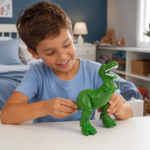 Enfant manipulant les pattes mobiles de sa figurine articulée dinosaure Rex.