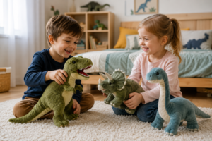 Enfant souriant tenant une peluche dinosaure douce dans sa chambre, idéale comme doudou et cadeau pour les passionnés de dinosaures
