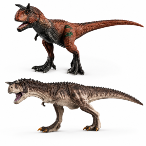 Figurine Carnotaurus en plastique solide peinte à la main avec cornes réalistes.