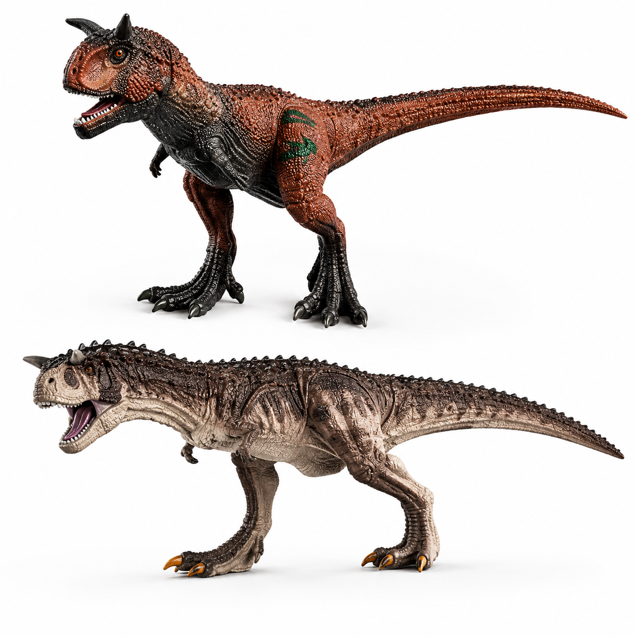 Figurine Carnotaurus en plastique solide peinte à la main avec cornes réalistes.
