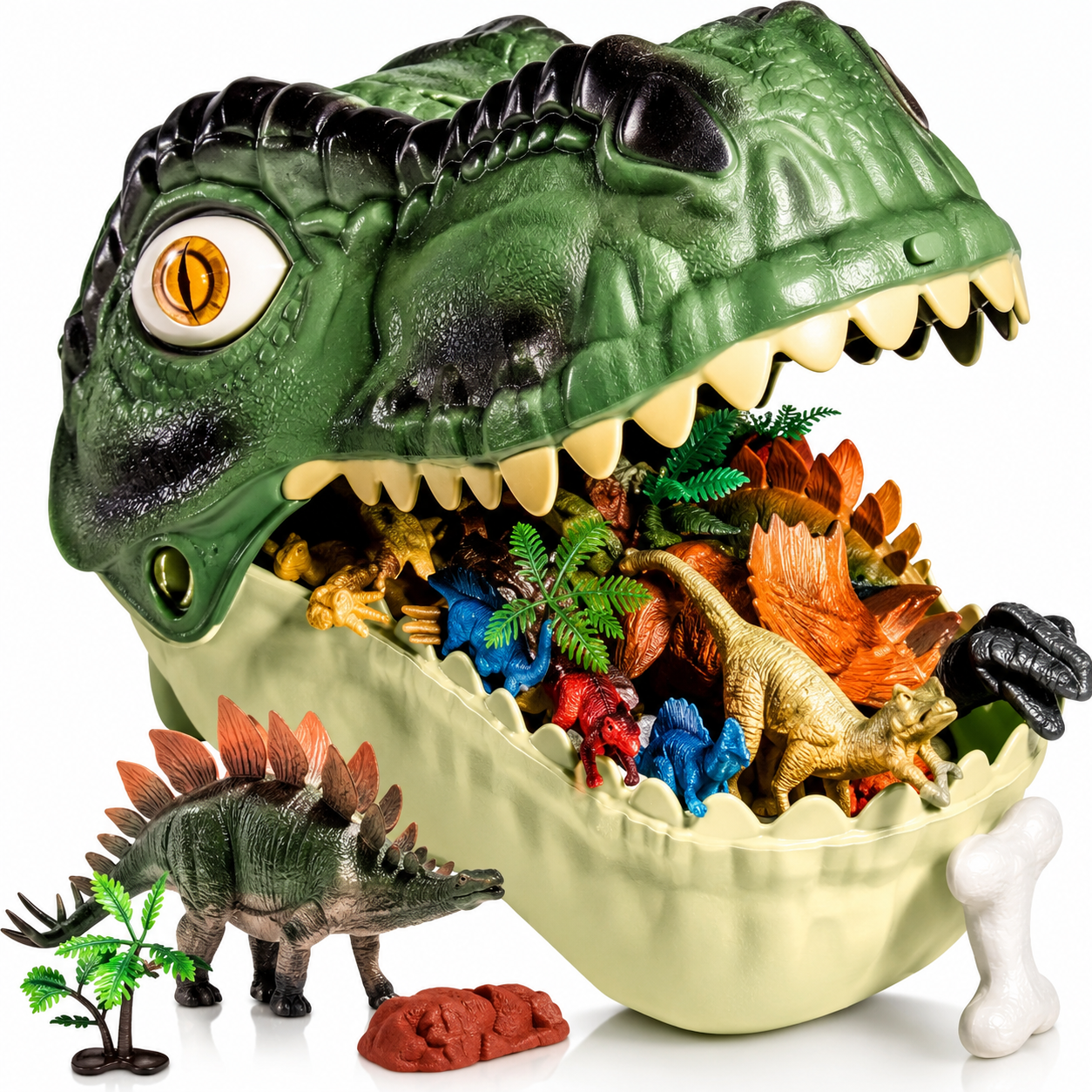 Figurine dinosaure 46 pièces étalées avec la boîte de rangement en forme de T-Rex vert