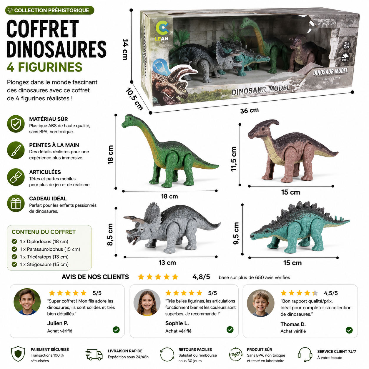 Figurine réaliste dinosaure mécanique posée à côté de sa boîte cadeau colorée.