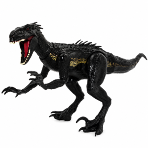 Figurines Velociraptor Indoraptor articulées en plastique noir avec rayures dorées.
