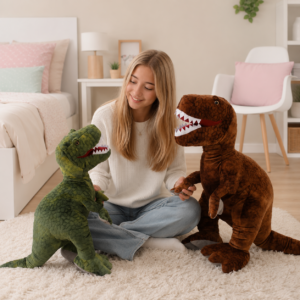 Fille souriante et dinosaures en peluche XXL