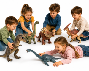 Groupe d'enfants jouant avec un coffret de figurines de dinosaures réalistes comprenant un Tyrannosaure Rex, un Brachiosaure, un Parasaurolophus, un Styracosaure et un Plésiosaure, jouets éducatifs pour stimuler l'imagination et la créativité