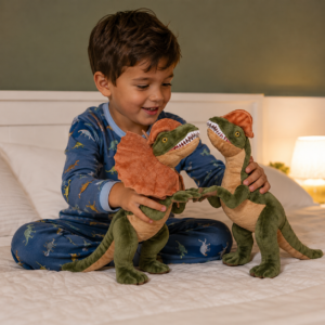 Un garçon jouant avec des dinosaures en peluche