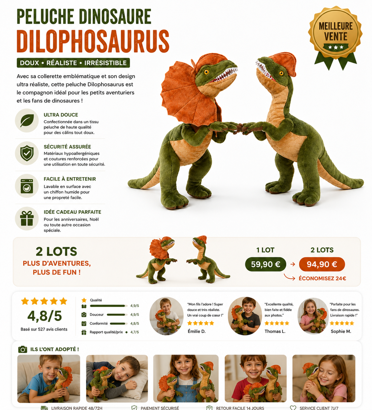 Offre de 1 lot de 2 pièces PROMO Peluche Dinosaure Dilophosaurus