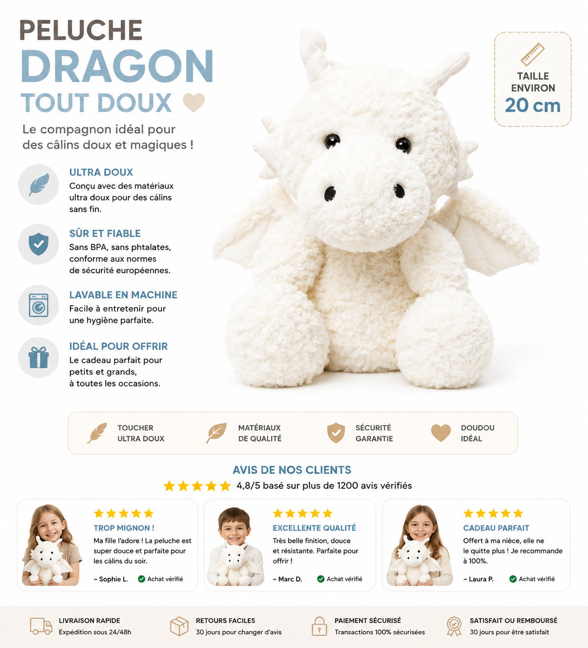 Peluche Dinosaure Ptérosaure blanche 20 cm
