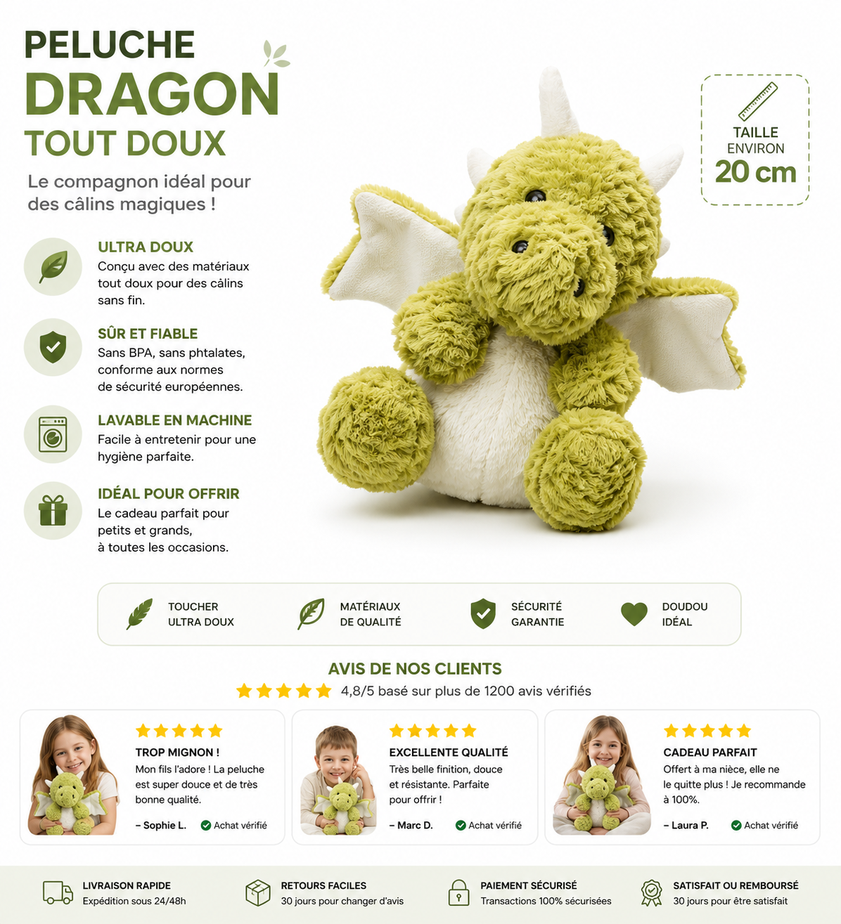 Peluche verte Ptérosaure toute douce de 20 cm