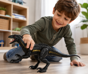 Petit garçon et figurine dinosaure articulé en jeu