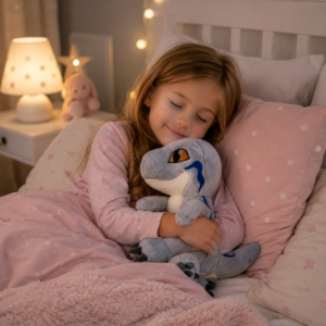 Petite fille et dinosaure doudou câlin