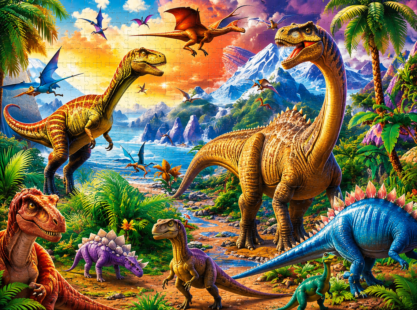 Puzzle dinosaure en bois de 1000 pièces représentant un paysage jurassique coloré.