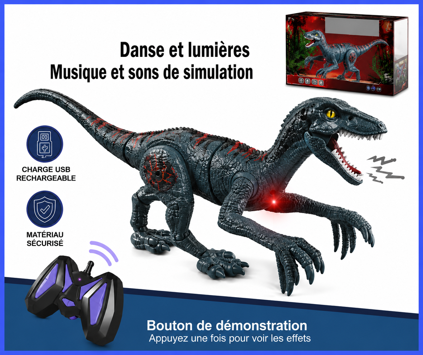 Robot Velociraptor télécommandé en plastique ABS robuste certifié pour enfants.