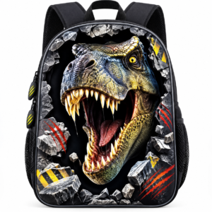 Sac à dos scolaire dinosaure bleu pour enfant de maternelle posé sur une table de classe