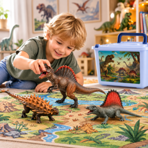 Boîte cadeau contenant des figurines Spinosaure pour un anniversaire d'enfant.