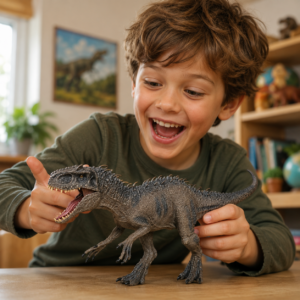 Un enfant très heureux en train de jouer cette figurine T-Rex souple