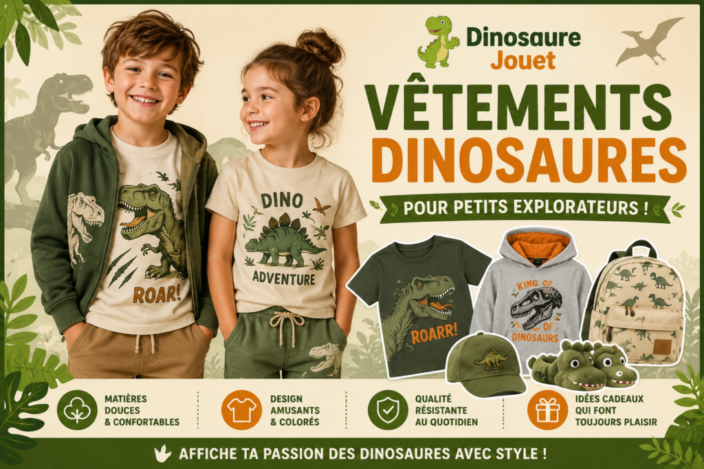 Garçon et fille portant des vêtements dinosaures colorés avec t-shirts, sweats et accessoires sur le thème des dinosaures