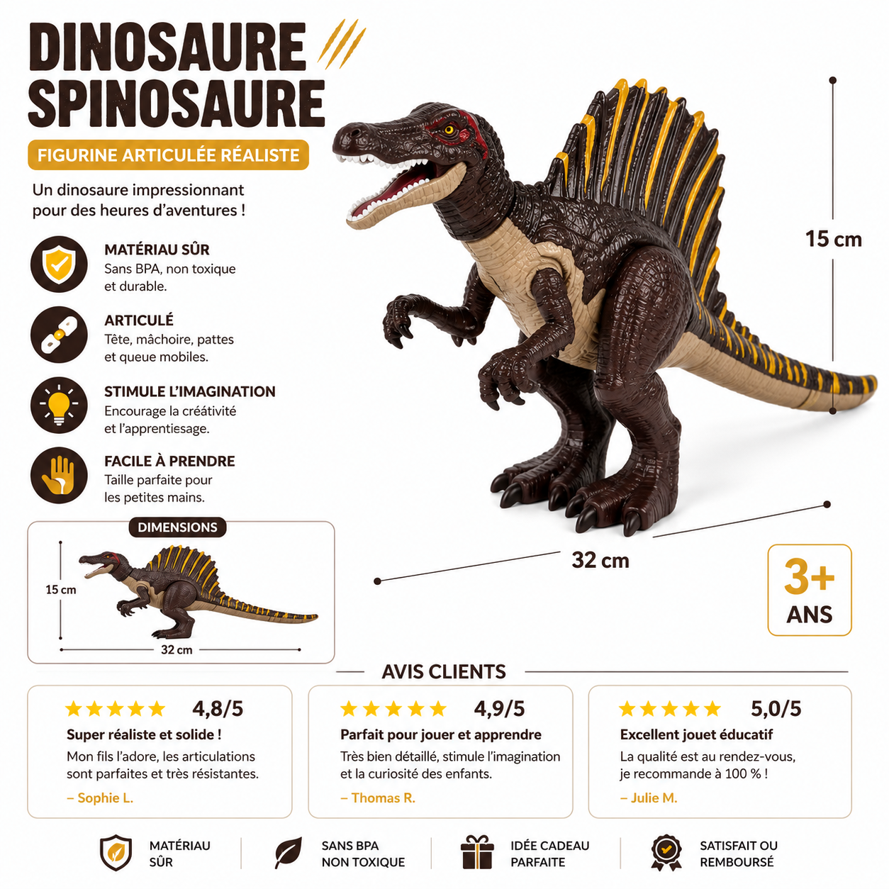 Vue de profil de la figurine dinosaure Spinosaurus géant montrant sa longueur de 32 cm