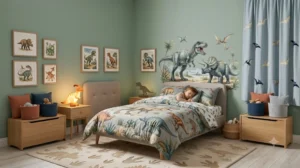 Chambre d'enfant décorée sur le thème des dinosaures avec affiches, veilleuse, tapis, coussins et décoration préhistorique moderne