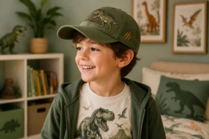 Un enfant porte une casquette dinosaure dans une chambre.