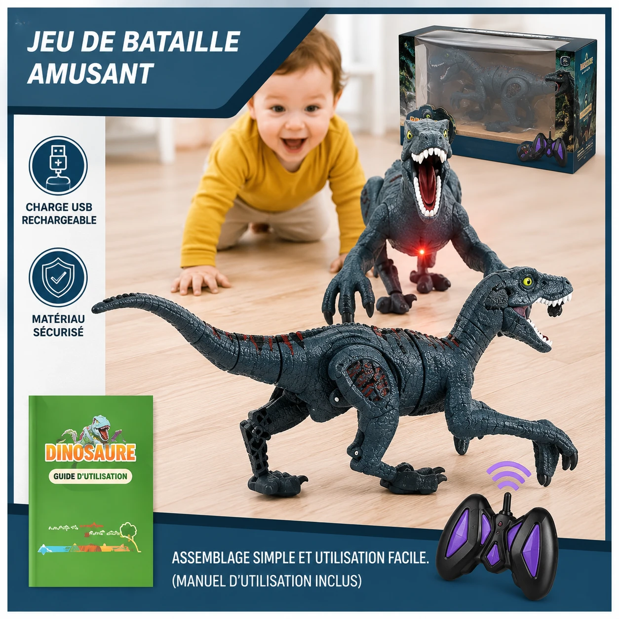 Deux dinosaures télécommandés 2,4 GHz s'affrontant dans une course sans interférence.