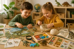 Enfants découvrant les dinosaures avec des jouets éducatifs, puzzles et jeux pédagogiques pour apprendre tout en s'amusant