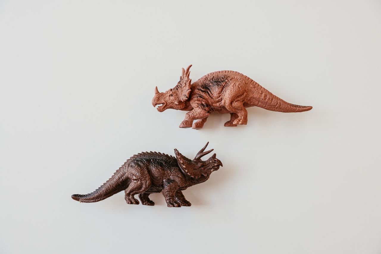 hero-img Two detailed dinosaur toy models, including a Triceratops, on a white surface.