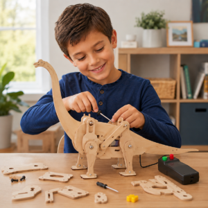 Un enfant assemblant un kit scientifique dinosaure en bois STEM