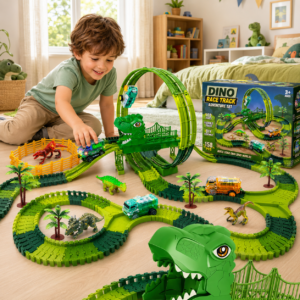 Enfant jouant avec un circuit automobile dinosaure lumineux dans sa chambre, avec la boîte du jouet à côté