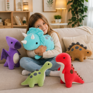 Une autre fille fait un câlin à la peluche tricératops sur un canapé du salon, entourée d'autres dinosaures en peluche