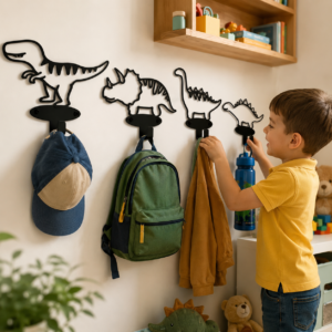 crochet mural dinosaure supportant un sac a dos et un manteau d enfant