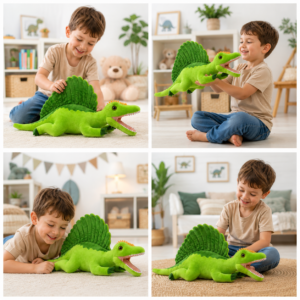 Collage d'un enfant jouant avec une Peluche Spinosaure verte de 45 cm dans une chambre d'enfant