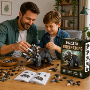 Père et son enfant assemblant ensemble un puzzle 3D Tricératops, avec pièces, notice et boîte sur la table.