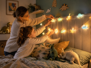 guirland led dinosaure allumee au dessus d un lit d enfant