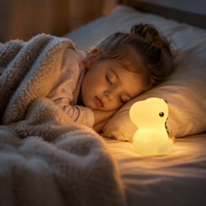 Petite fille endormie avec veilleuse dinosaure lumineuse.